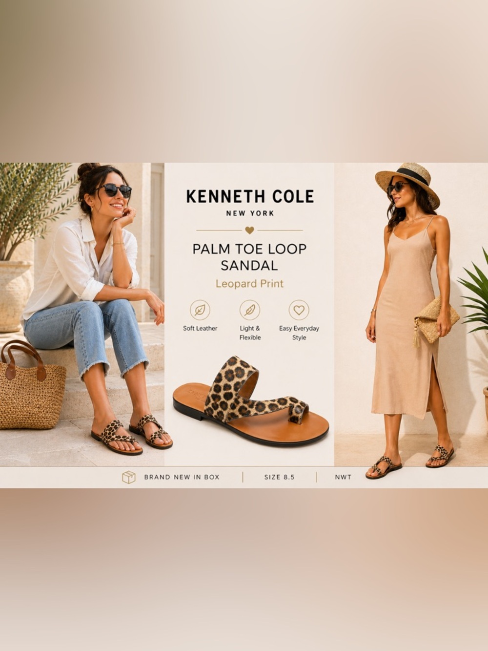 Kenneth Cole New York Palm Leopard Toe Loop Sandals Size 8.5 NWT Made in Italy